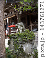 筑波山神社、拝殿前の狛犬と赤い傘 143761271