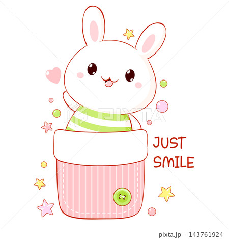 Just Smile. Little bunny in pocket. Baby print of cute pet in pocket. Set of vector childish print with rabbit. Can be used for t-shirt, sticker, badge, greeting card design. Vector illustration EPS8 143761924