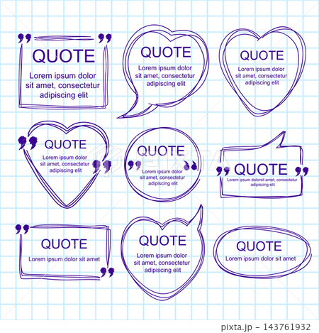 Vector collection of scribbled comic speech bubbles with hand drawn style on notebook page. Copy space for quote. Set of template of heart-shapes comic speech bubble. Vector illustration EPS8 Vector collection of scribbled comic speech bubbles with hand drawn style on notebook page. Copy space for quote. Set of template of heart-shapes comic speech bubble. Vector illustration EPS8 143761932