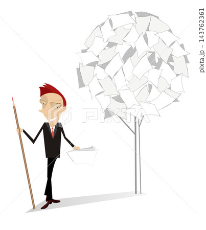 Man and document tree. Smiling man with a big pencil stands near a tree of documents	 143762361