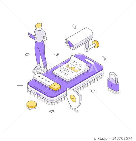 Woman Securing A Mobile Phone With A Camera And A Lock Isometric Vector Illustration 143762574