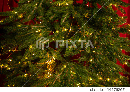 Christmas lights and fir branches Christmas texture for postcards Garland with lights on Christmas Christmas lights and fir branches Christmas texture for postcards Garland with lights on Christmas 143762674