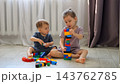 Cute Siblings Assemble Colorful Blocks Together In Bright Living Room. Older Child Balances Vibrant Bricks Into Tower As Calm Baby Brother Sits Nearby Enjoying Interactive Child Development. 143762785