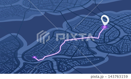 Main road throughout isometric map. Simple scheme of city. Navigation to poi. Generic city map with signs of streets, roads, house. Vector illustration, map background 143763159