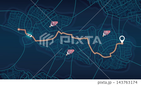 An abstract navigation plan highlights POI including city streets, blocks. City map featuring directional signs, an intended goal point and multiple markers. Editable vector illustration 143763174