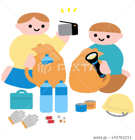 防災用品を準備する子どもたちのイラスト	 143763251