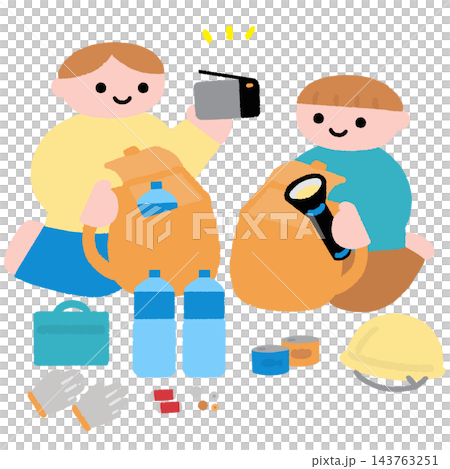 防災用品を準備する子どもたちのイラスト	 143763251