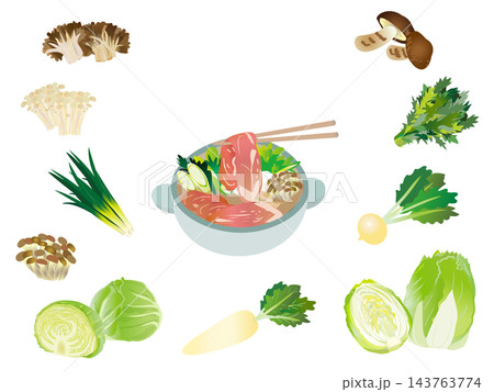 冬野菜とお鍋のフレームイラストセット（背景透過・コピースペース） 143763774