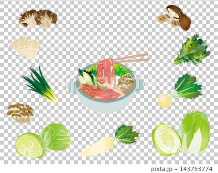 冬野菜とお鍋のフレームイラストセット（背景透過・コピースペース） 143763774