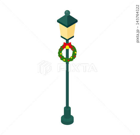 クリスマスリースが飾られた街灯のアイソメトリックイラスト クリスマスリースが飾られた街灯のアイソメトリックイラスト 143764122