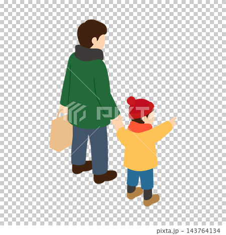 冬服の親子が手をつないで歩く後ろ姿のアイソメトリックイラスト 143764134