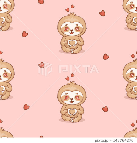 Cute Kawaii In Love Sloth with Heart Eyes and Paw Gesture Seamless Pattern. Adorable Romantic Little Baby Animal Character on Pink Background. Vector Illustration for Valentine Day Celebration Design. Cute Kawaii In Love Sloth with Heart Eyes and Paw Gesture Seamless Pattern. Adorable Romantic Little Baby Animal Character on Pink Background. Vector Illustration for Valentine Day Celebration Design. 143764276