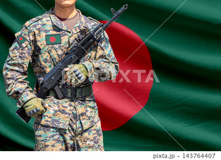 Bangladesh flag with soldier holding assault rifle 143764407