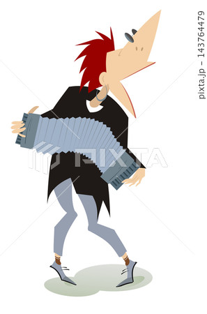 Cartoon smiling accordion player illustration isolated. Smiling cartoon accordion player is playing music with inspiration Cartoon smiling accordion player illustration isolated. Smiling cartoon accordion player is playing music with inspiration 143764479