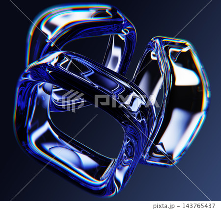 Neon glass square frames with vibrant chromatic aberration and fluid distortion on dark blue render background. Abstract geometric 3D shapes with crystal transparency and glow effect. 3D illustration 143765437