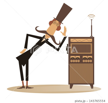 Funny mustache man in the top hat listens to the radio illustration. Funny mustache man in the top hat is listening to music or programs by vintage radio  143765554