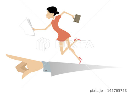 Running business woman and hand points the direction to go illustration. Hand points the direction where to go to a business woman with bag and papers isolated on white 143765738