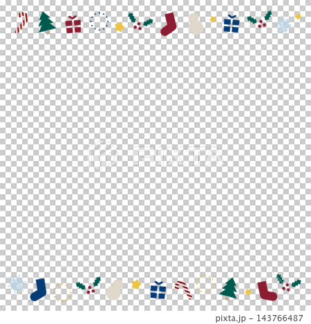 A simple and cute line frame with Christmas decorations. Features presents, a snowman, a tree, and holly against a white background. 143766487