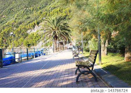 Wooden bench promenade Riva Trigoso Italy. Autumn relaxation calmness wellness lifestyle mood. Mediterranean travel destination park walk guide. 143766724
