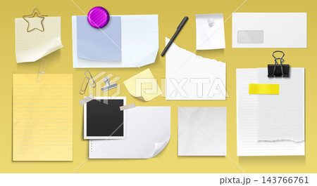 Realistic paper sheets with tapes and stationery. Realistic paper sheets with tapes and stationery. 143766761