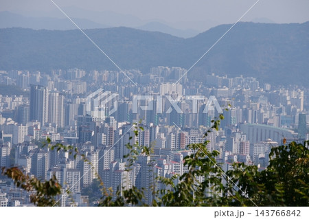 Famous N Seoul Tower landmark and urban skyline view from Namsan Mountain Famous N Seoul Tower landmark and urban skyline view from Namsan Mountain 143766842