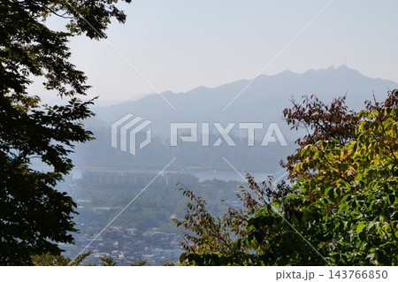 Famous N Seoul Tower landmark and urban skyline view from Namsan Mountain 143766850