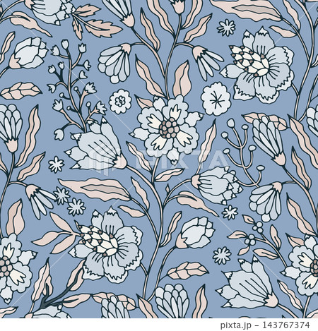 Dusty Blue Folk Floral Botanical Pattern 143767374