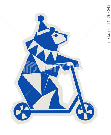 Retro circus bear on scooter vector illustration. Trained grizzly bear character riding a kick scooter. Vintage carnival animal mascot icon with decorative border isolated on white background Retro circus bear on scooter vector illustration. Trained grizzly bear character riding a kick scooter. Vintage carnival animal mascot icon with decorative border isolated on white background 143768043