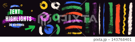 Brush highlight set with colorful curves and text marks. Rough brush strokes form circles and vivid red blue arcs on black. Textured vector emphasis elements for poster layout or social media post 143768401