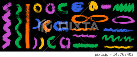 Brush emphasis set with colorful rough arcs and wavy marks. Textured brush strokes form circles and playful lines on black. Bright vector accent elements for poster layout or social media post Brush emphasis set with colorful rough arcs and wavy marks. Textured brush strokes form circles and playful lines on black. Bright vector accent elements for poster layout or social media post 143768402