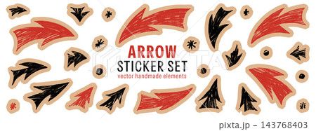 Arrow cutout set in red and black with beige paper borders. Rough crayon texture across curved pointers with dots and asterisks. Retro vector collection for scrapbook page or zine layout Arrow cutout set in red and black with beige paper borders. Rough crayon texture across curved pointers with dots and asterisks. Retro vector collection for scrapbook page or zine layout 143768403