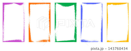 Frame grain set with five vertical rectangles and pastel texture. Violet orange green blue and yellow speckled noise shades each edge. Vector frame set for presentation slide or infographic design 143768434