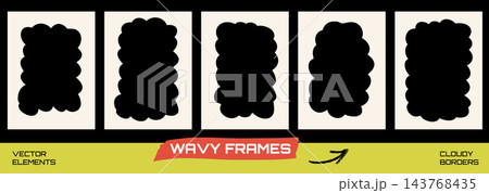 Wavy frame with scallop border for cute photo card and fun retro post. Hand drawn cloudy shape and bumpy bubble outline in bold vibe. Vector wave frames set isolated for collage or scrapbook and promo Wavy frame with scallop border for cute photo card and fun retro post. Hand drawn cloudy shape and bumpy bubble outline in bold vibe. Vector wave frames set isolated for collage or scrapbook and promo 143768435