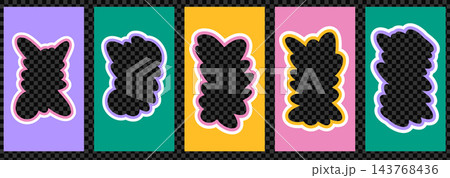 Photo frame set with funky border for cute story post and fun retro card. Scalloped cloud shape with wavy doodle contour and groovy flair. Vector photo frames isolated on checkered background as png 143768436