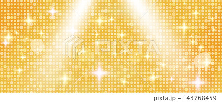 Gold shimmer panel with a sequin grid and broad radiant light. Pale gold bands and crisp star flares spread shimmer over the metallic surface. Luminous vector backdrop for Christmas event poster 143768459