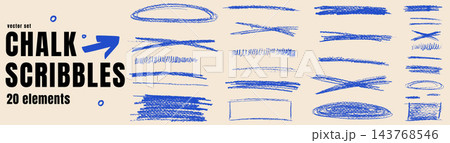 Pencil markup with underline and crayon doodle marks for emphasis. Blue set with oval frames, rectangle and crossed lines. Hand drawn vector accents for lesson slide or workbook layout or callout tag 143768546