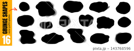 Grunge spray paint spots with drip texture for street art. Black spray patch oval shapes in organic ink on white. Textured vector paint splotch collection for promo and invitation banner isolated Grunge spray paint spots with drip texture for street art. Black spray patch oval shapes in organic ink on white. Textured vector paint splotch collection for promo and invitation banner isolated 143768596