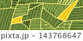 Wine field background with green and yellow plots in a sketched patchwork. Dotted crop rows and rough hatching in an aerial landscape. Rural vector illustration for bottle label or farm brochure 143768647