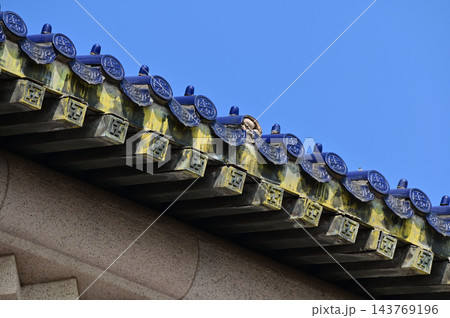 Close-up of the traditional, Chinese classic roof tiles of Chinese building, Chinese architecture in China Garden. Chinese historical building. Travel scene. Building exterior. 143769196