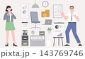 Office elements. Banking financial businesspeople. Time management, furniture, different work equipment, charts, money. Administration, investment vector clipart 143769746