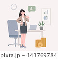 Young businesswoman on office place. Investment manager and profit. Banking worker with laptop, invest plans, gold money coins piles. Finance business vector scene 143769784