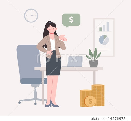 Young businesswoman on office place. Investment manager and profit. Banking worker with laptop, invest plans, gold money coins piles. Finance business vector scene 143769784