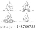 Fire flames continuous line design. Different fires, simple one lines elements. Campfire, fire with stone and logs. Nature camping objects, vector set 143769788