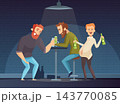 Three drunk men drinking beer at bar table under lamp with empty bottles cartoon vector illustration 143770085
