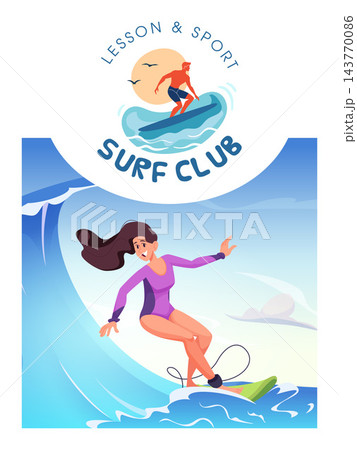 SURF CLUB LESSON and SPORT poster template with woman surfing big wave flat vector illustration 143770086