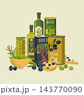 Olive oil bottles tins jar of olives wooden bowl and bruschetta flat vector illustration 143770090