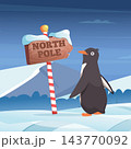 NORTH POLE wooden signpost with penguin in snowy winter landscape cartoon vector background 143770092