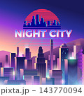 NIGHT CITY retrowave poster with neon skyscrapers striped sun and grid synthwave vector background 143770094