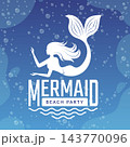 MERMAID BEACH PARTY logo design template with mermaid silhouette bubbles and waves vector illustration 143770096