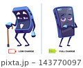 LOW CHARGE and FULL CHARGE smartphone mascot characters with battery icons cartoon vector set 143770097